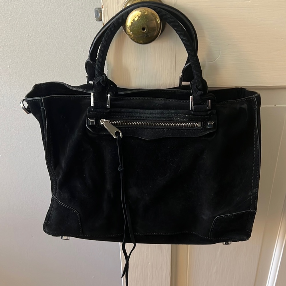 REBECCA MINKOFF black suede handbag. Comes with metal and black suede chains.